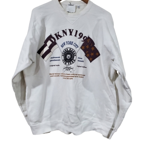 Vintage 90's DKNY White Crew Neck Graphic Logo Sweater Size XL - Picture 1 of 7